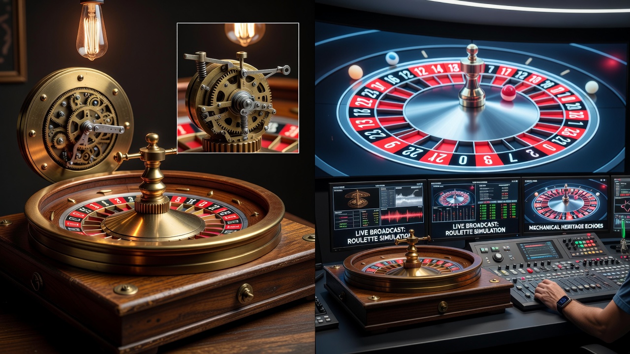 Live broadcast studio setup featuring a physical roulette wheel with camera equipment and dealer in position
